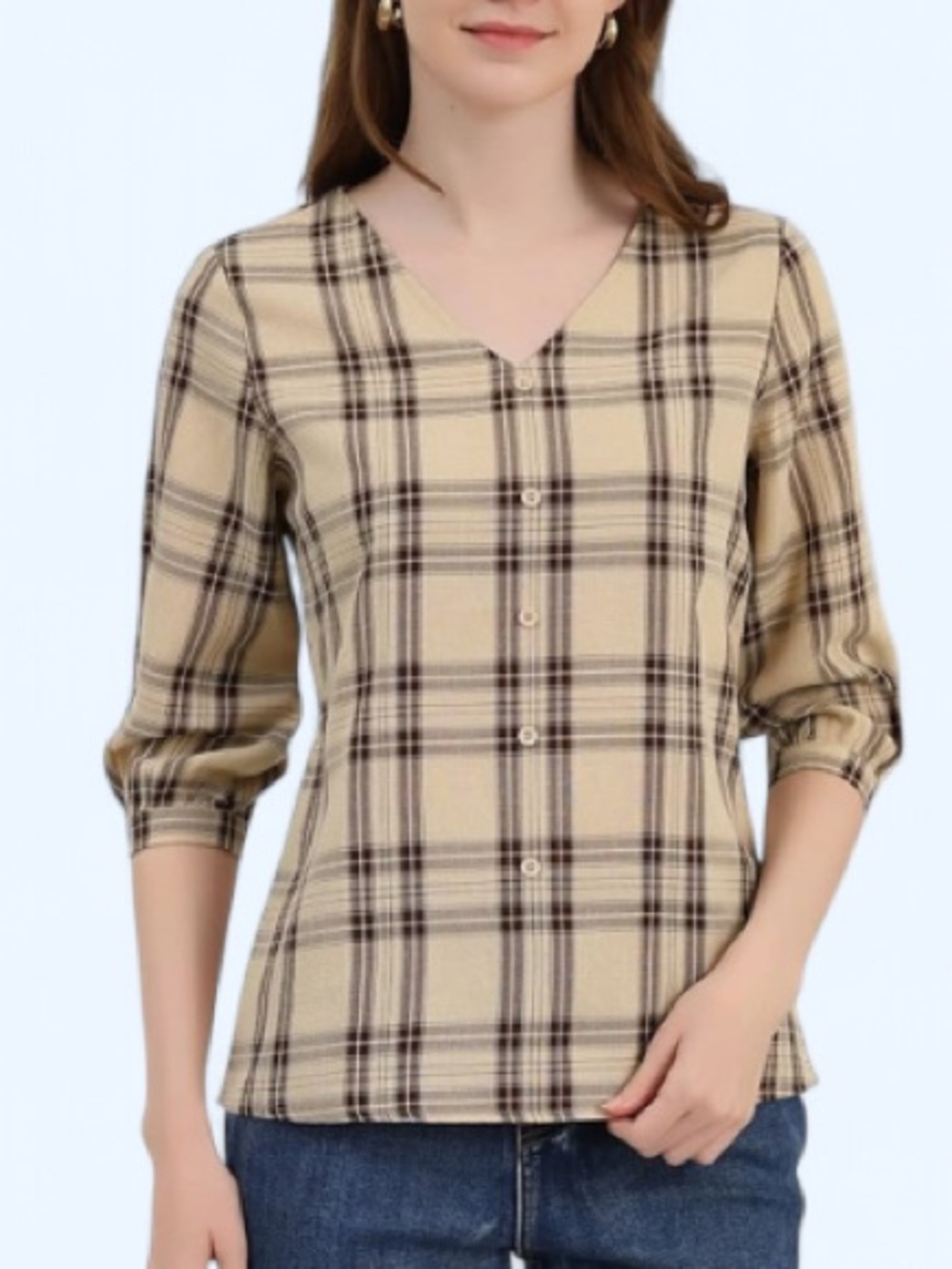 Allegra K V-neck Tan 3/4 Sleeve  Blouse Casual  Work Plaid patterns top